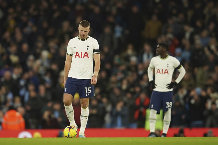 Tottenhams Eric Dier, left, and Tottenhams Yves Bissouma stand in dejection after Manchester Citys Riyad Mahrez scores his sides fourth goal during the English Premier League soccer match between Manchester City and Tottenham Hotspur at the Etihad Stadium in Manchester, England, Thursday, Jan. 19, 2023. (AP Photo/Dave Thompson)