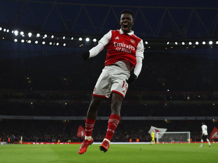 Arsenals Eddie Nketiah celebrates after scoring his sides opening goal during the English Premier League soccer match between Arsenal and Manchester United at Emirates stadium in London, Sunday, Jan. 22, 2023. (AP Photo/Ian Walton)
