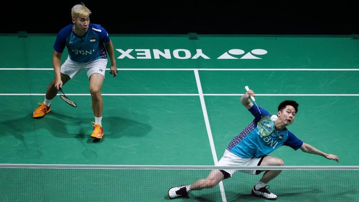 Marcus Fernaldi Gideon/Kevin Sanjaya Sukamuljo melewati ujian pertama di Indonesia Masters 2023. (Foto: Getty Images/Shi Tang)