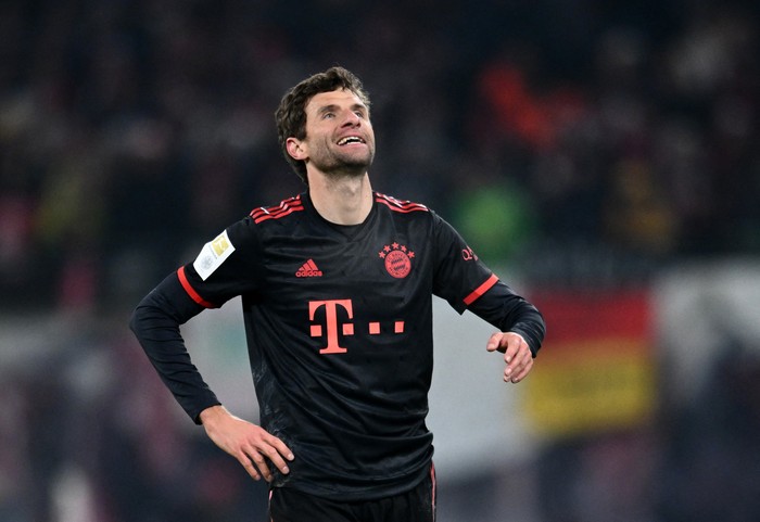 Soccer Football - Bundesliga - RB Leipzig v Bayern Munich - Red Bull Arena, Leipzig, Germany - January 20, 2023 Bayern Munichs Thomas Muller reacts REUTERS/Annegret Hilse DFL REGULATIONS PROHIBIT ANY USE OF PHOTOGRAPHS AS IMAGE SEQUENCES AND/OR QUASI-VIDEO.