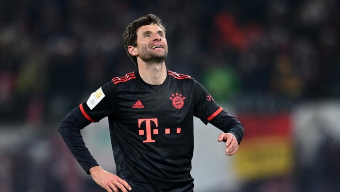 Soccer Football - Bundesliga - RB Leipzig v Bayern Munich - Red Bull Arena, Leipzig, Germany - January 20, 2023 Bayern Munichs Thomas Muller reacts REUTERS/Annegret Hilse DFL REGULATIONS PROHIBIT ANY USE OF PHOTOGRAPHS AS IMAGE SEQUENCES AND/OR QUASI-VIDEO.