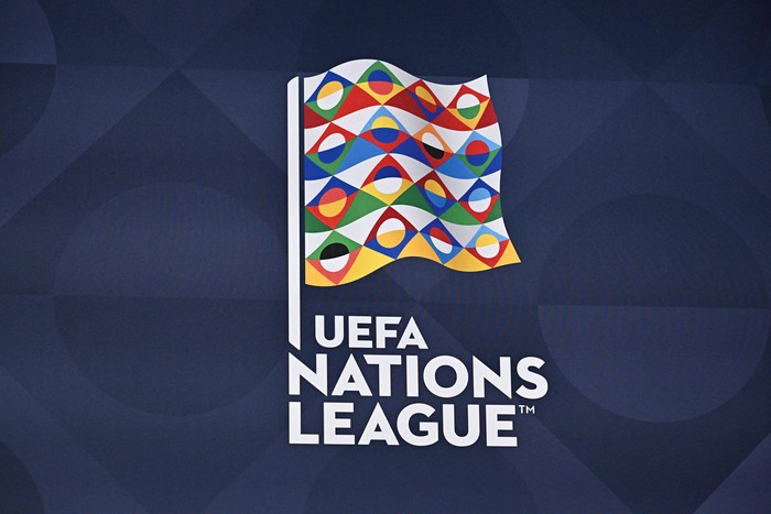 A photograph shows the logo of the UEFA Nations League during the 2023 UEFA Nations League football finals draw in Nyon, Switzerland, on January 25, 2023. - The draw determines the semi-final pairings for the four-team 2023 UEFA Nations League football finals in Rotterdam and Enschede, as semi-finals will be played on June 14 and June 15, 2023, with the third-place play-off and final both on June 18, 2023. (Photo by Fabrice COFFRINI / AFP) (Photo by FABRICE COFFRINI/AFP via Getty Images)