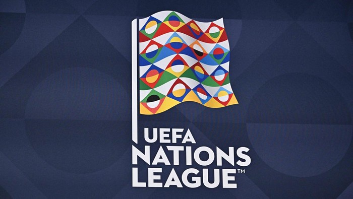 A photograph shows the logo of the UEFA Nations League during the 2023 UEFA Nations League football finals draw in Nyon, Switzerland, on January 25, 2023. - The draw determines the semi-final pairings for the four-team 2023 UEFA Nations League football finals in Rotterdam and Enschede, as semi-finals will be played on June 14 and June 15, 2023, with the third-place play-off and final both on June 18, 2023. (Photo by Fabrice COFFRINI / AFP) (Photo by FABRICE COFFRINI/AFP via Getty Images)
