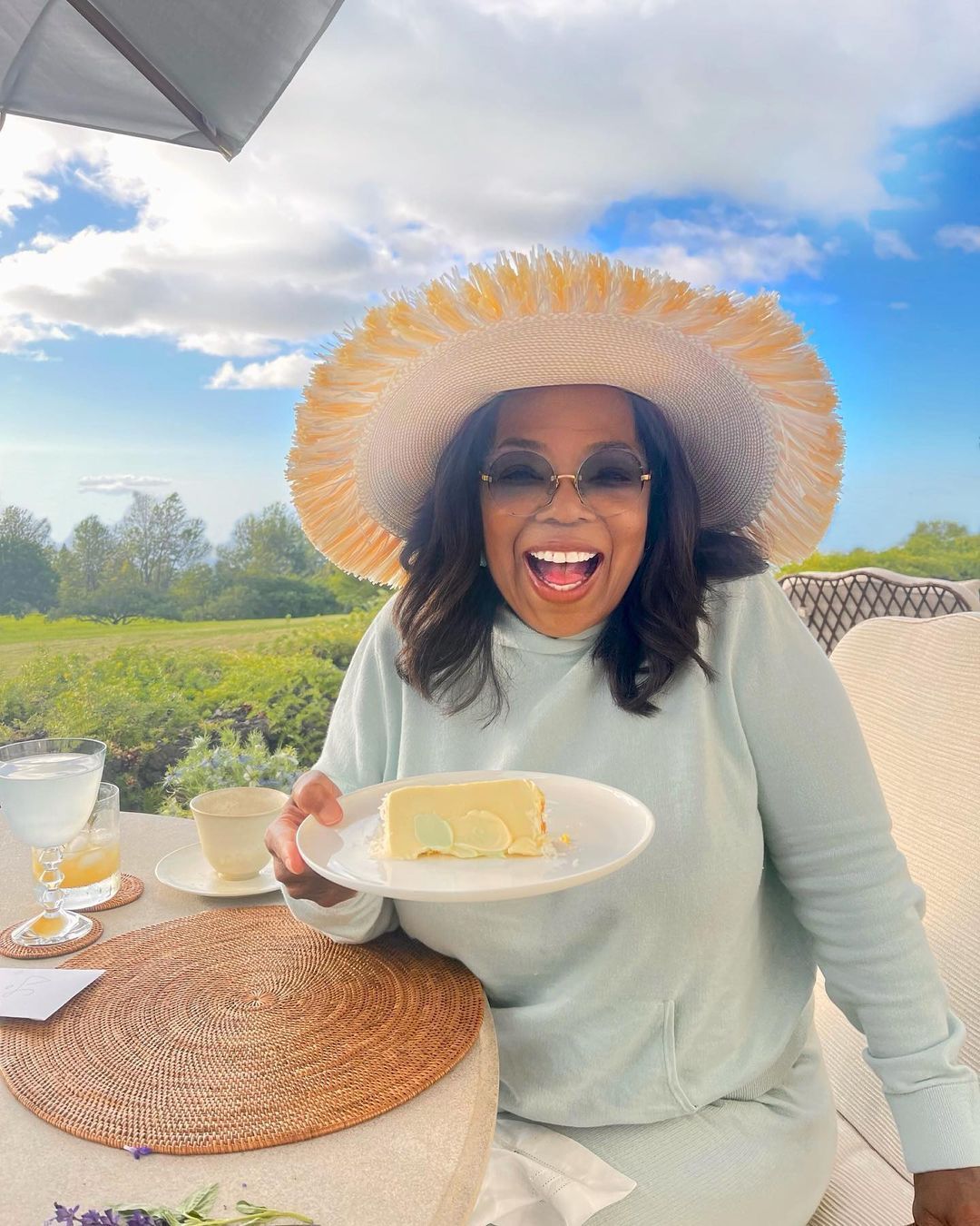 Oprah Winfrey enjoys a balanced breakfast of bread.