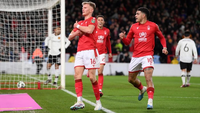 NOTTINGHAM, ENGLAND - JANUARY 25: Sam Surridge of Nottingham Forest celebrates after scoring a goal which was later disallowed by the Video Assistant Referee during the Carabao Cup Semi Final 1st Leg match between Nottingham Forest and Manchester United at City Ground on January 25, 2023 in Nottingham, England. (Photo by Shaun Botterill/Getty Images)