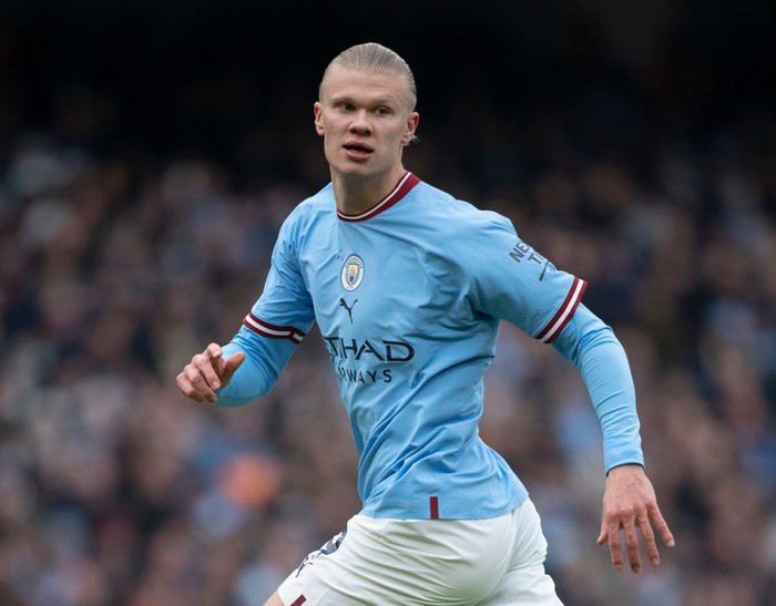 MANCHESTER, ENGLAND - JANUARY 22: Erling Haaland of Manchester City in action during the Premier League match between Manchester City and Wolverhampton Wanderers at Etihad Stadium on January 22, 2023 in Manchester, United Kingdom. (Photo by Joe Prior/Visionhaus via Getty Images)