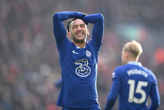 Hakim Ziyech LIVERPOOL, ENGLAND - JANUARY 21: Hakim Ziyech of Chelsea reacts after a missed chance during the Premier League match between Liverpool FC and Chelsea FC at Anfield on January 21, 2023 in Liverpool, England. (Photo by Laurence Griffiths/Getty Images)
