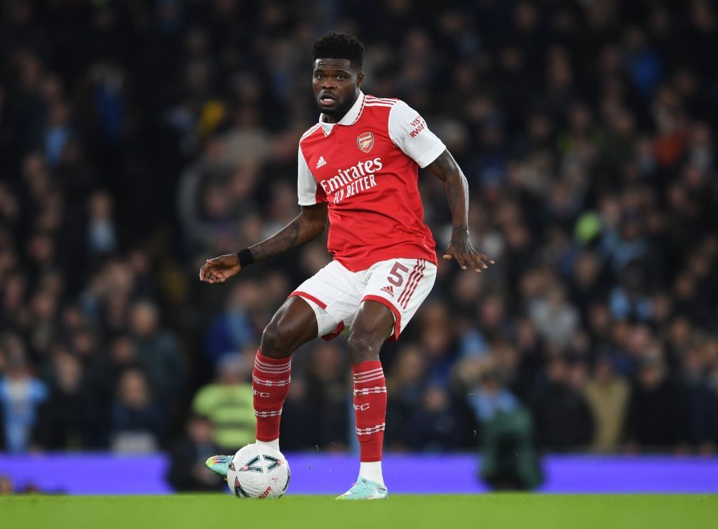 MANCHESTER, ENGLAND - JANUARY 27: Thomas Partey of Arsenal during the Emirates FA Cup Fourth Round match between Manchester City and Arsenal at Etihad Stadium on January 27, 2023 in Manchester, England. (Photo by Stuart MacFarlane/Arsenal FC via Getty Images)