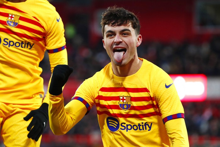Pedri Barcelona's Pedri celebrates after scoring the opening goal during the Spanish La Liga soccer match between Girona and FC Barcelona at the Montilivi stadium in Girona, Spain, Saturday, Jan. 28, 2023. (AP Photo/Joan Monfort)
