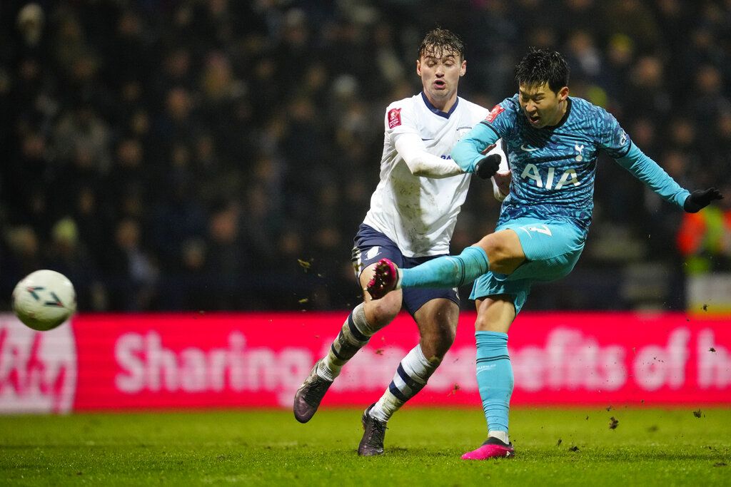 Tottenham's Son Heung-min celebrates after scoring his side's second goal during the FA Cup 4th round soccer match between Preston North End and Tottenham Hotspur at the Deepdale Stadium in Preston, England, Saturday, Jan. 28, 2023. (AP Photo/Jon Super)