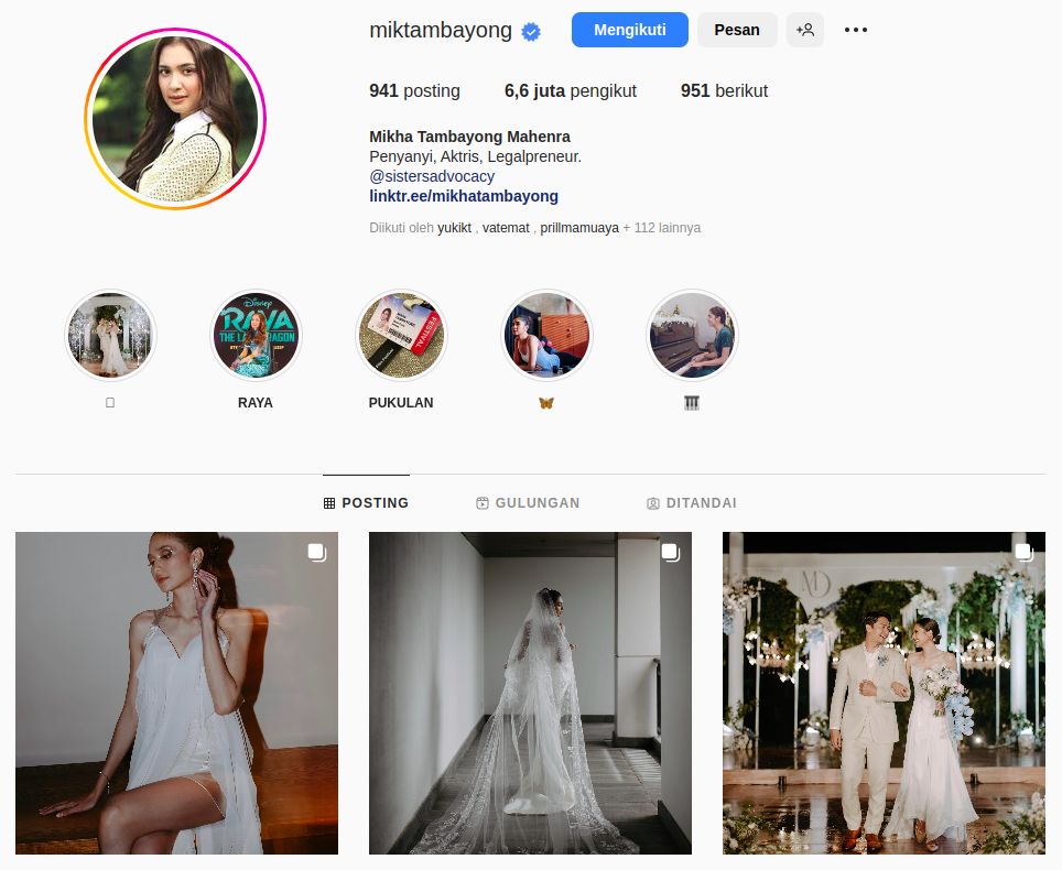 Bio profil akun Instagram Mikha Tambayong