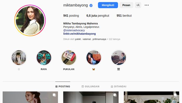 Bio profil akun Instagram Mikha Tambayong