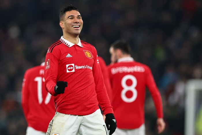 MANCHESTER, ENGLAND - JANUARY 28: Casemiro of Manchester United celebrates after scoring a goal to make it 2-0 during the Emirates FA Cup Fourth Round match between Manchester United and Reading  at Old Trafford on January 28, 2023 in Manchester, England. (Photo by Robbie Jay Barratt - AMA/Getty Images)
