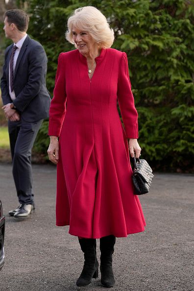 ALDERSHOT, ENGLAND - JANUARY 31: Camilla, Queen Consort visits the Lille Barracks on January 31, 2023 in Aldershot, England. The Queen Consort meets members of the Battalion, presents medals and meets families during her visit. (Photo by Alastair Grant - WPA Pool/Getty Images)