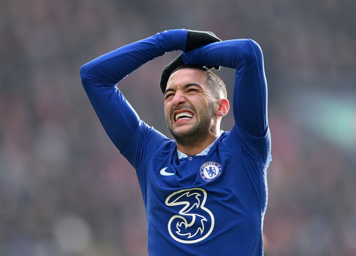 LIVERPOOL, ENGLAND - JANUARY 21: Hakim Ziyech of Chelsea reacts after a missed chance during the Premier League match between Liverpool FC and Chelsea FC at Anfield on January 21, 2023 in Liverpool, England. (Photo by Laurence Griffiths/Getty Images)