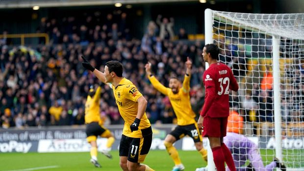 Wolverhampton Wanderers' Hwang Hee-chan celebrates after Liverpool's Joel Matip scores an own goal during the Premier League match at Molineux Stadium, Wolverhampton. Picture date: Saturday February 4, 2023. (Photo by Tim Goode/PA Images via Getty Images)
