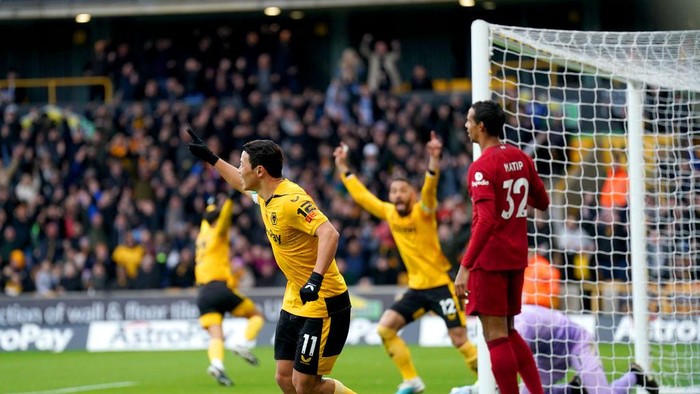 Wolverhampton Wanderers Hwang Hee-chan celebrates after Liverpools Joel Matip scores an own goal during the Premier League match at Molineux Stadium, Wolverhampton. Picture date: Saturday February 4, 2023. (Photo by Tim Goode/PA Images via Getty Images)