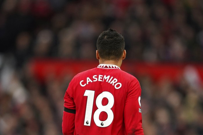 Manchester Uniteds Casemiro looks on during the English Premier League soccer match between Manchester United and Crystal Palace, at the Old Trafford stadium in Manchester, England, Saturday, Feb. 4, 2023. (AP Photo/Dave Thompson)