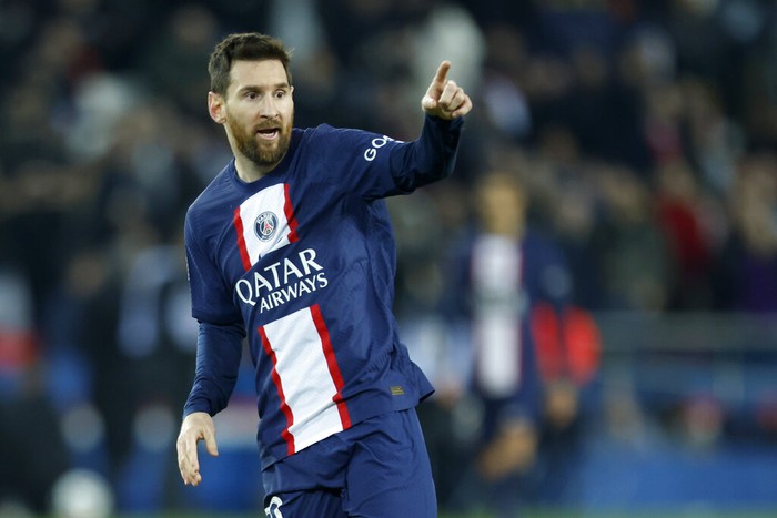 PSGs Lionel Messi reacts during the French League One soccer match between Paris Saint-Germain and Toulouse, at the Parc des Princes, in Paris, France, Saturday, Feb. 4, 2023. (AP Photo/Lewis Joly)