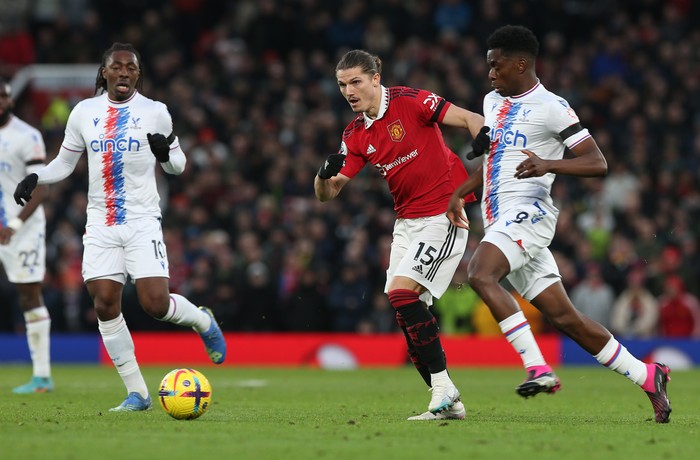 MANCHESTER, ENGLAND - FEBRUARY 04: Marcel Sabitzer of Manchester United in action during the Premier League match between Manchester United and Crystal Palace at Old Trafford on February 04, 2023 in Manchester, England. (Photo by Matthew Peters/Manchester United via Getty Images)