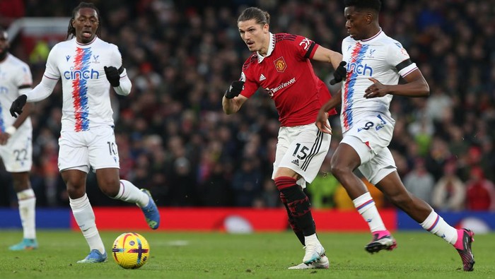 MANCHESTER, ENGLAND - FEBRUARY 04: Marcel Sabitzer of Manchester United in action during the Premier League match between Manchester United and Crystal Palace at Old Trafford on February 04, 2023 in Manchester, England. (Photo by Matthew Peters/Manchester United via Getty Images)