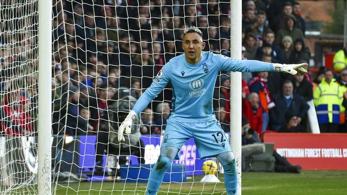 Nottingham Forests goalkeeper Keylor Navas gives instructions during the English Premier League soccer match between Nottingham Forest and Leeds United at City Ground stadium in Nottingham, England, Sunday, Feb. 5, 2023. (AP Photo/Rui Vieira)