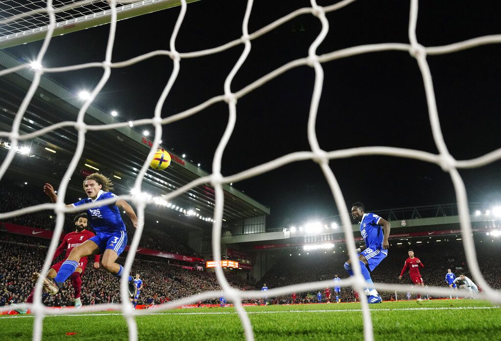 Leicester's Wout Faes reacts during the English Premier League soccer match between Liverpool and Leicester City at Anfield stadium in Liverpool, England, Friday, Dec. 30, 2022. (AP Photo/Jon Super)