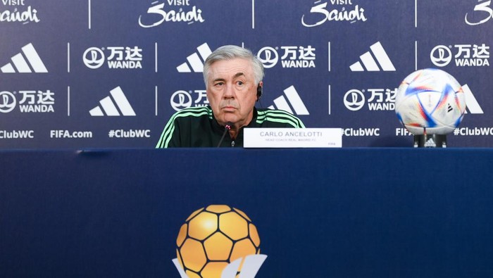 RABAT, MOROCCO - FEBRUARY 07: Head coach Carlo Ancelotti of Real Madrid CF attends a press conference ahead of their FIFA Club World Cup Morocco 2022 semifinal match against Al Ahly FC on February 07, 2023 in Rabat, Morocco. (Photo by David Ramos - FIFA/FIFA via Getty Images)