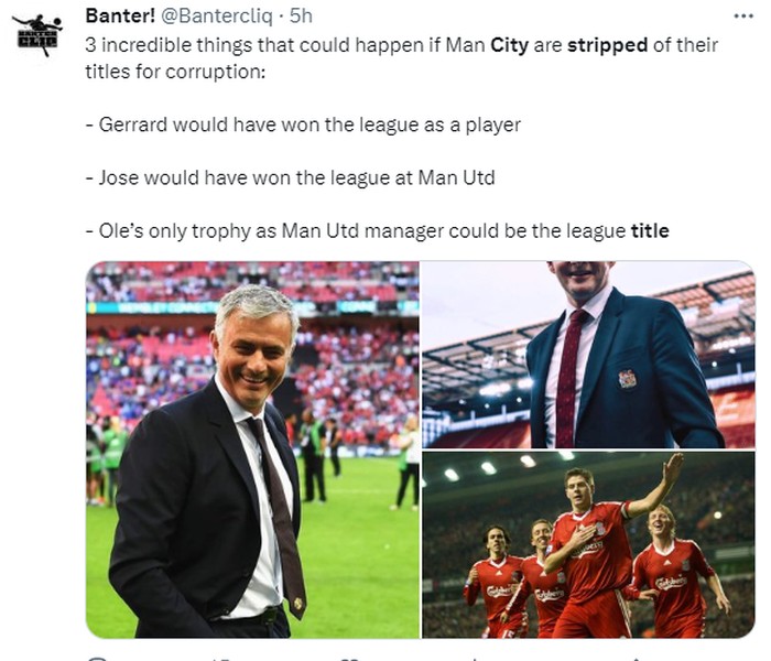 Meme Manchester City Meme Manchester United dan Liverpool mendapat piala lungsuran Premier League atas kasus pelanggaran Manchester City.