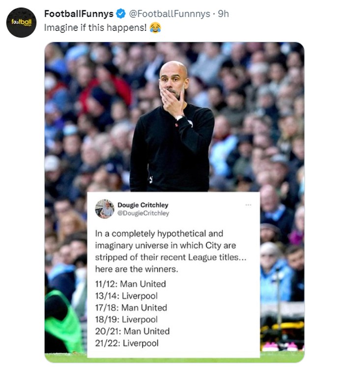 Meme Manchester City Meme Manchester United dan Liverpool mendapat piala lungsuran Premier League atas kasus pelanggaran Manchester City.
