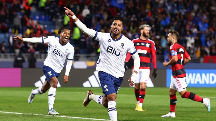 TANGER MED, MOROCCO - FEBRUARY 07: Salem Aldawsari of Al Hilal SFC celebrates scoring his sides second goal during the FIFA Club World Cup Morocco 2022 Semi Final match between Flamengo v Al Hilal SFC at Stade Ibn-Batouta on February 07, 2023 in Tanger Med, Morocco. (Photo by Chris Brunskill/Fantasista/Getty Images)