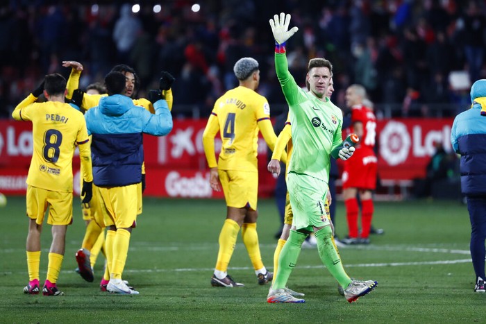 Marc-Andre ter Stegen Barcelona's goalkeeper Marc-Andre ter Stegen, left, makes a save in front Getafe's Borja Mayoral during a Spanish La Liga soccer match between Barcelona and Getafe at the Camp Nou stadium in Barcelona, Spain, Sunday, Jan. 22, 2023. (AP Photo/Joan Monfort)