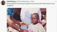 Meme Erling Haaland mendapat Sepatu Emas di akhir musim, tapi Manchester City degradasi musim berikutnya. Sebel banget, deh! (Foto: Twitter)