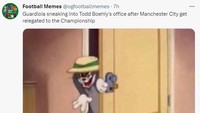 Meme Pep Guardiola diam-diam bertemu bos Chelsea, Todd Boehly, setelah Manchester City dijatuhi hukuman degradasi. (Foto: Twitter)