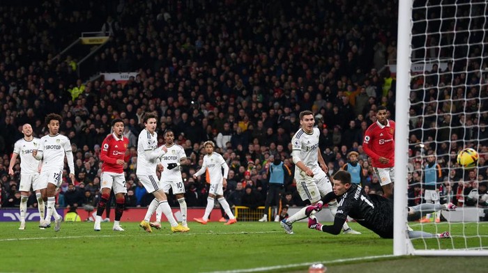 MANCHESTER, ENGLAND - FEBRUARY 08: Jadon Sancho of Manchester United looks on as they score the teams second goal after Illan Meslier of Leeds United fails to make a save during the Premier League match between Manchester United and Leeds United at Old Trafford on February 08, 2023 in Manchester, England. (Photo by Michael Regan/Getty Images)