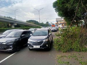 Lalin Tol Kebon Jeruk Macet gegara Ranting Pohon Tumbang-Truk Patah As Lalin Tol Kebon Jeruk Macet gegara Ranting Pohon Tumbang-Truk Patah As