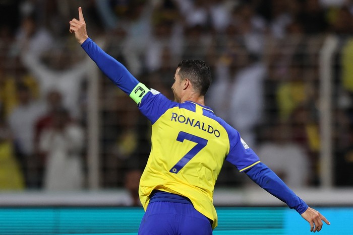 Cristiano Ronaldo Nassr's Portuguese forward Cristiano Ronaldo celebrates scoring his team's fourth goal the Saudi Pro League football match between Al-Wehda and Al-Nassr at the King Abdulaziz Stadium in Mecca on February 9, 2023. (Photo by AFP) (Photo by -/AFP via Getty Images)