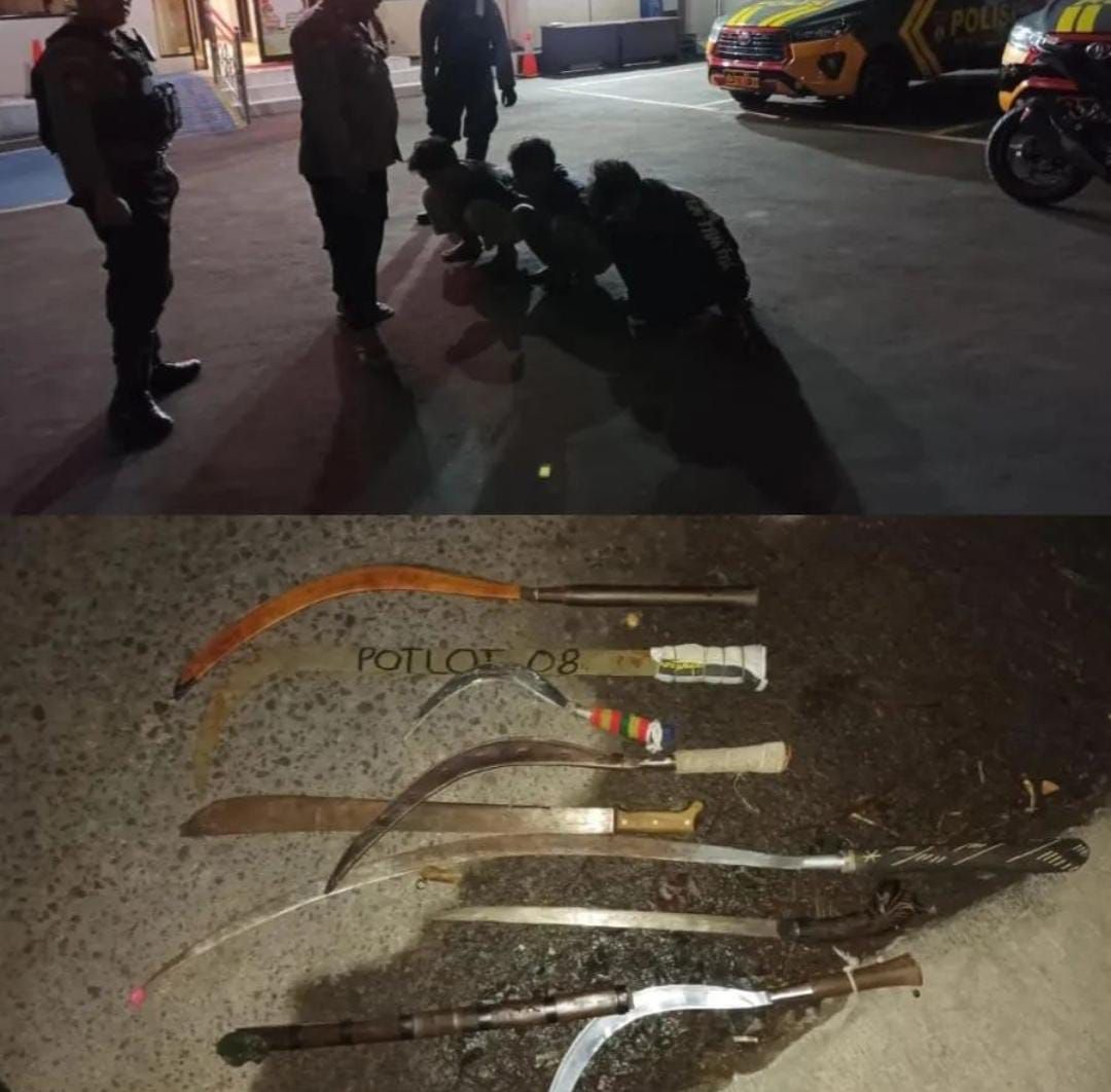 Polisi bersama warga hingga anggota Komponan Cadangan (Komcad) TNI menangkap 5 orang remaja yang membawa senjata tajam (sajam). (dok Istimewa)