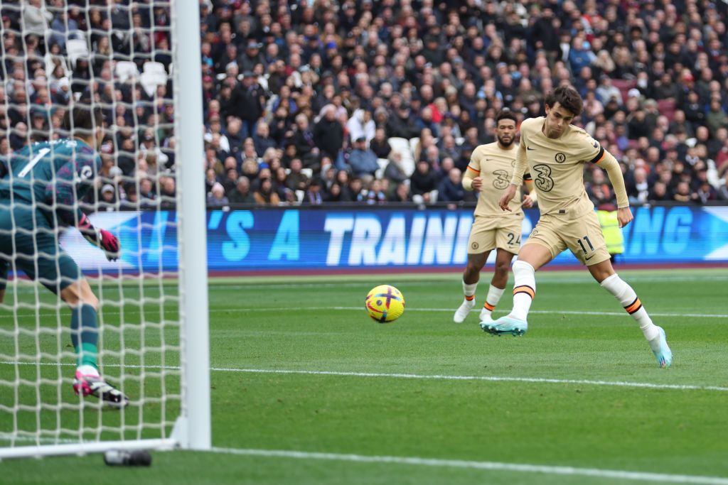 LONDON, ENGLAND - FEBRUARY 11: Joao Felix of Chelsea scores the team's first goal during the Premier League match between West Ham United and Chelsea FC at London Stadium on February 11, 2023 in London, England. (Photo by Julian Finney/Getty Images)