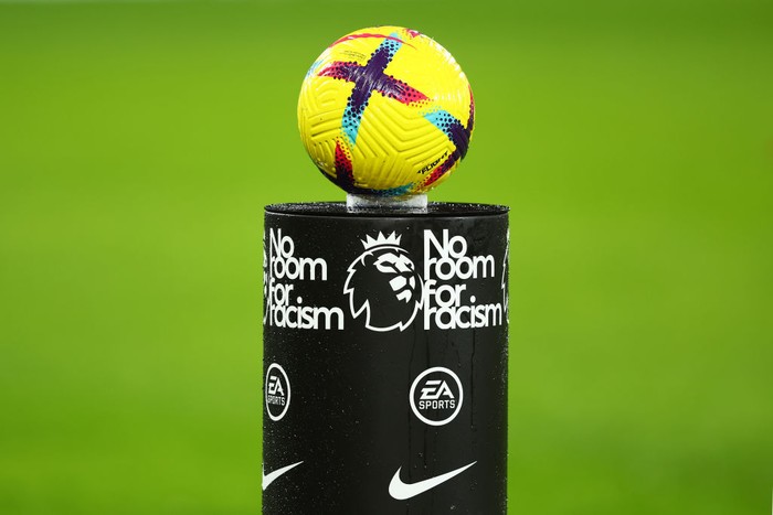 BOURNEMOUTH, ENGLAND - FEBRUARY 11: A detailed view of a plinth holding the match ball which reads No Room For Racism  prior to the Premier League match between AFC Bournemouth and Newcastle United at Vitality Stadium on February 11, 2023 in Bournemouth, England. (Photo by Dan Istitene/Getty Images)