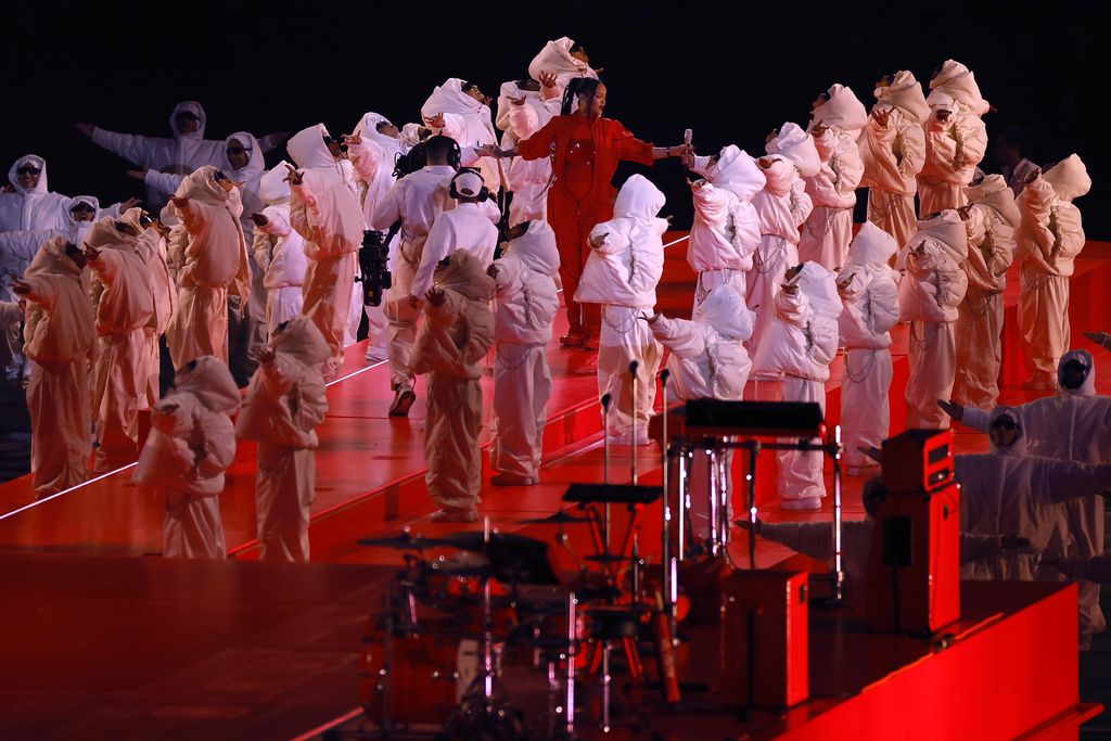 GLENDALE, ARIZONA - FEBRUARY 12: Rihanna performs onstage during the Apple Music Super Bowl LVII Halftime Show at State Farm Stadium on February 12, 2023 in Glendale, Arizona. (Photo by Sarah Stier/Getty Images)