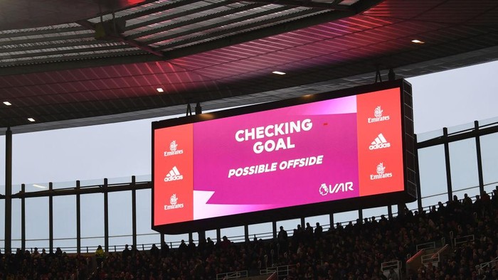 LONDON, ENGLAND - FEBRUARY 11: The Big screen shows that VAR is checking the Brentford goal during the Premier League match between Arsenal FC and Brentford FC at Emirates Stadium on February 11, 2023 in London, England. (Photo by David Price/Arsenal FC via Getty Images)