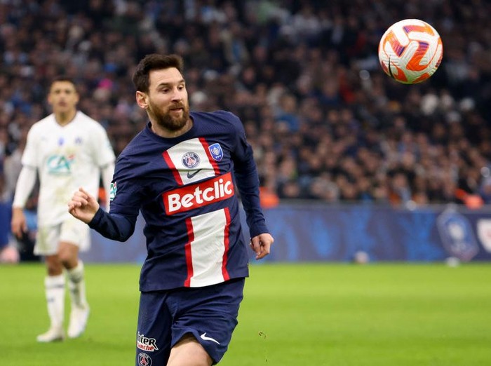 MARSEILLE, FRANCE - FEBRUARY 8: Lionel Messi of PSG during the French Cup football match between Olympique de Marseille (OM) and Paris Saint-Germain (PSG) at Velodrome stadium on February 8, 2023 in Marseille, France. (Photo by Jean Catuffe/Getty Images)