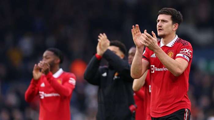 LEEDS, ENGLAND - FEBRUARY 12: Harry Maguire of Manchester United celebrates at full time during the Premier League match between Leeds United and Manchester United at Elland Road on February 12, 2023 in Leeds, United Kingdom. (Photo by Robbie Jay Barratt - AMA/Getty Images)