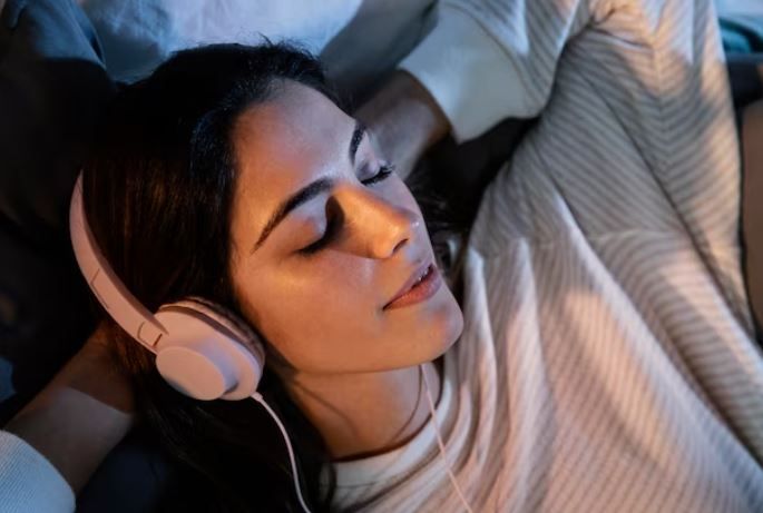 Perempuan mendengarkan musik menggunakan headphone