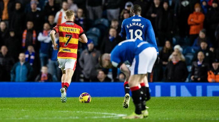 GLASGOW, SCOTLAND - FEBRUARY 12: Particks Scott Tiffoney is allowed to walk the ball into the net to make it 2-2 during a Scottish Cup Fifth Round match between Rangers and Partick Thistle at Ibrox Stadium, on February 12, 2023, in Glasgow, Scotland. (Photo by Craig Williamson/SNS Group via Getty Images)