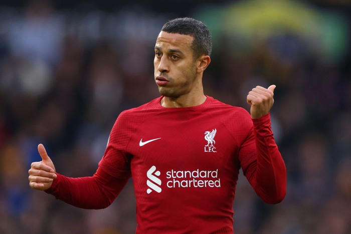 WOLVERHAMPTON, ENGLAND - FEBRUARY 04:  Thiago Alcantara of Liverpool during the Premier League match between Wolverhampton Wanderers and Liverpool FC at Molineux on February 4, 2023 in Wolverhampton, United Kingdom. (Photo by Marc Atkins/Getty Images)