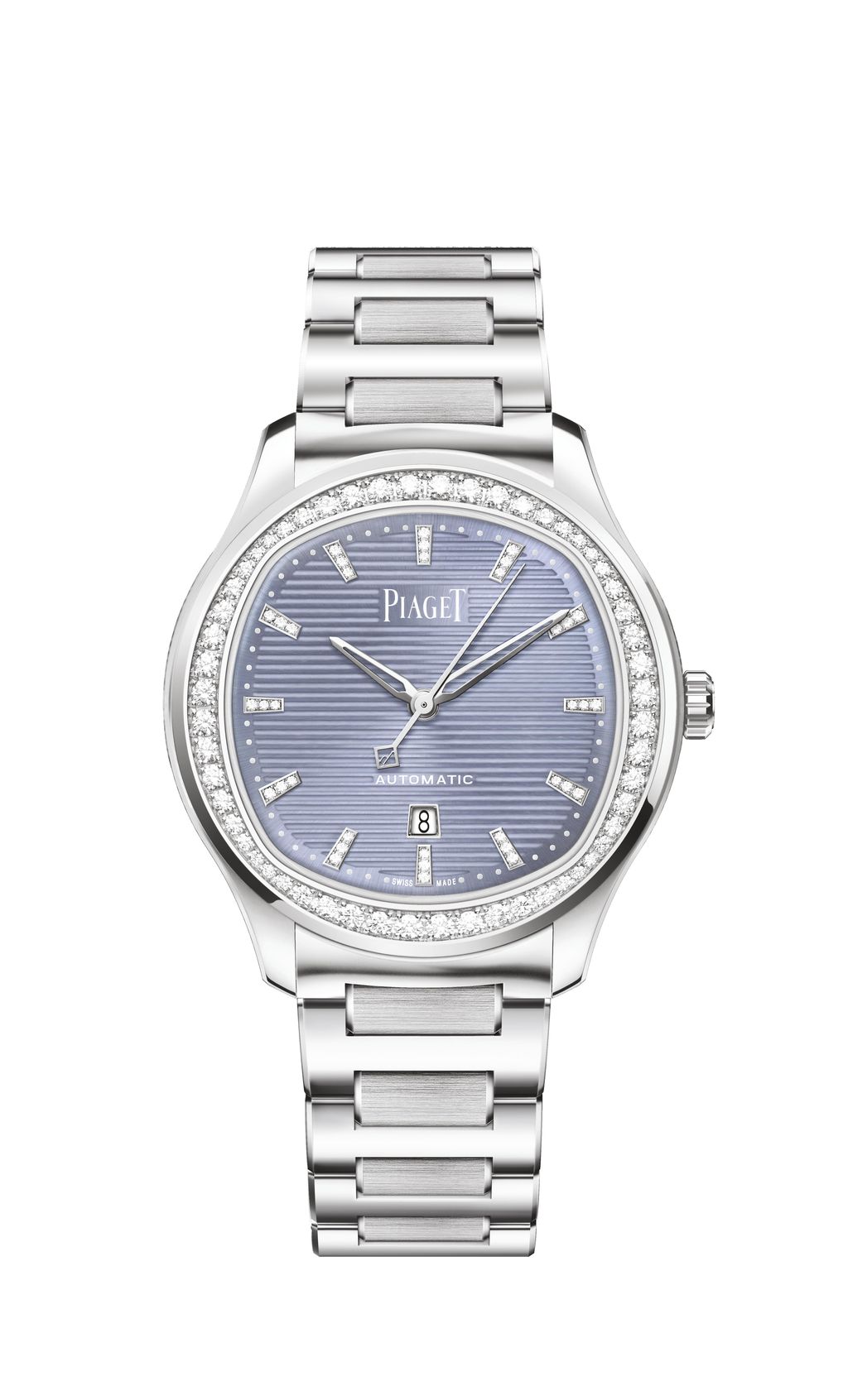 PIAGET Polo Date in 36mmSteel bracelet, steel case with a diamond-set bezelSef-winding mouvement 500P1, H, Mn, S, DateSlate blue dial with diamond set indexesSelf-interchangeable blue alligator strap