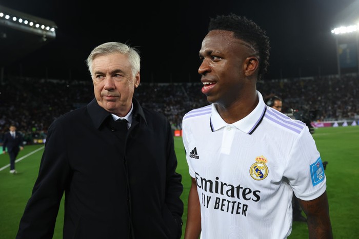 RABAT, MOROCCO - FEBRUARY 11: Carlo Ancelotti, Head Coach of Real Madrid, and Vinicius Junior react after the FIFA Club World Cup Morocco 2022 Final match between Real Madrid and Al Hilal at Prince Moulay Abdellah on February 11, 2023 in Rabat, Morocco. (Photo by Alex Grimm - FIFA/FIFA via Getty Images)