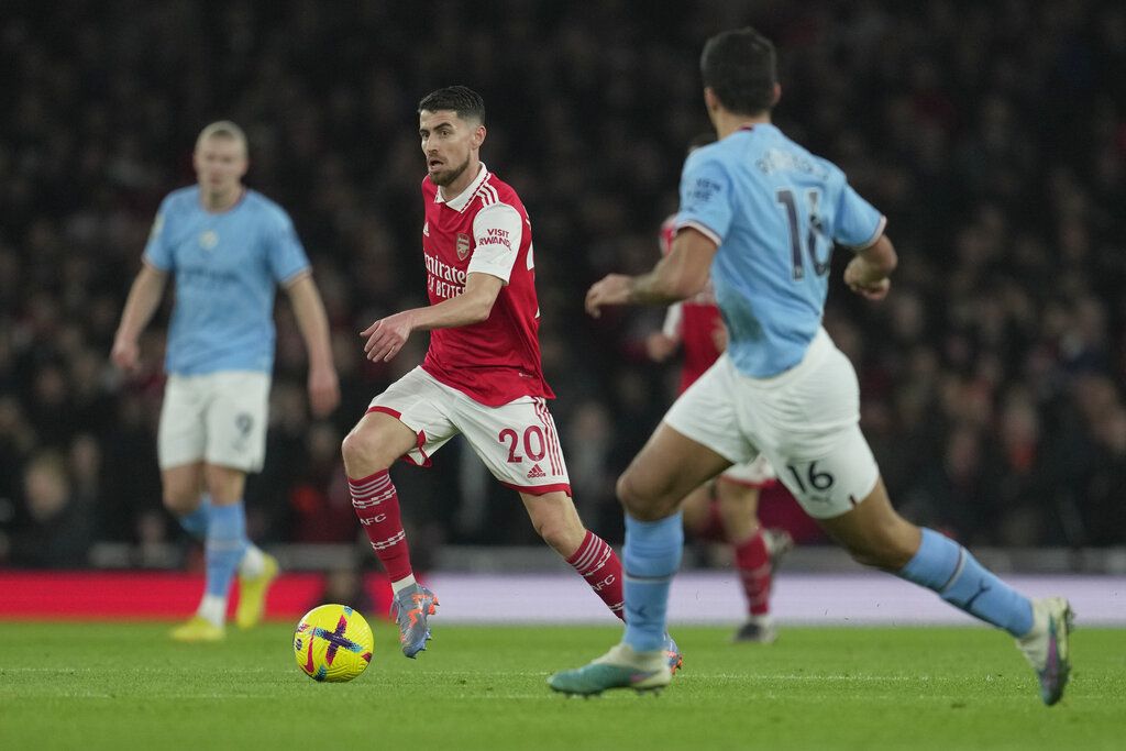 Arsenal's Jorginho in action during the English Premier League soccer match between Arsenal and Manchester City at the Emirates stadium in London, England, Wednesday, Feb.15, 2023. (AP Photo/Kin Cheung)